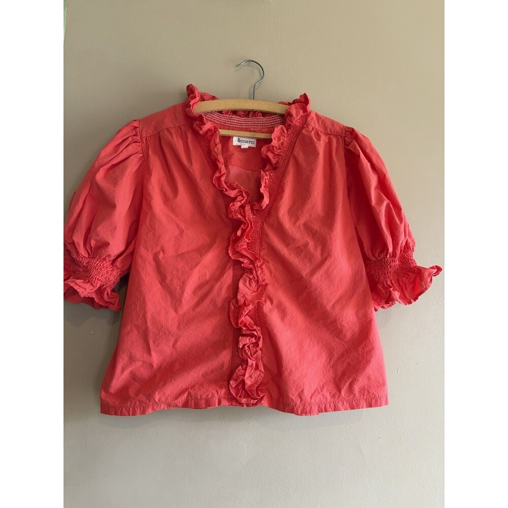 &merci Ruffle Puff Sleeve Blouse Women's Size Large Red Top Orange Boho Dopamine